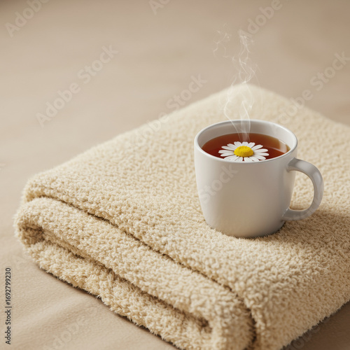 Cup of chamomile tea sits atop soft, cozy blanket, inviting relaxation and warmth, it provides sense of serenity and calmness