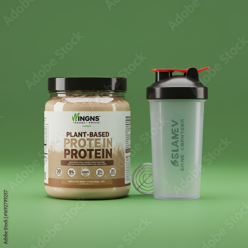 Plant based protein powder and shaker bottle look healthy and full of nutrition on green background