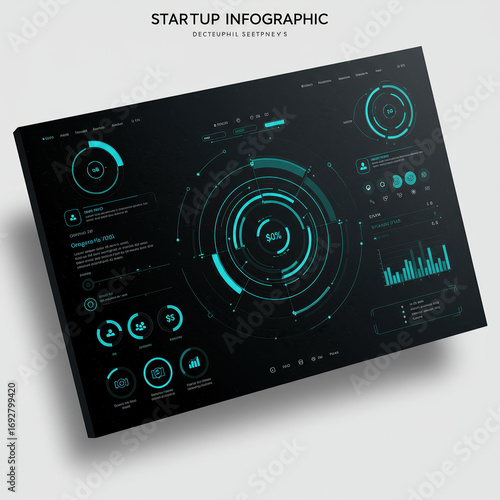 Startup pitch deck and infographic displayed on dark background reveal sophisticated data visualizations, offering insight with technologically advanced aesthetic