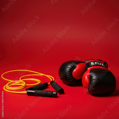 Jump rope and boxing glove convey sense of high energy readiness on bold red backdrop, inspiring feeling of athletic determination and power