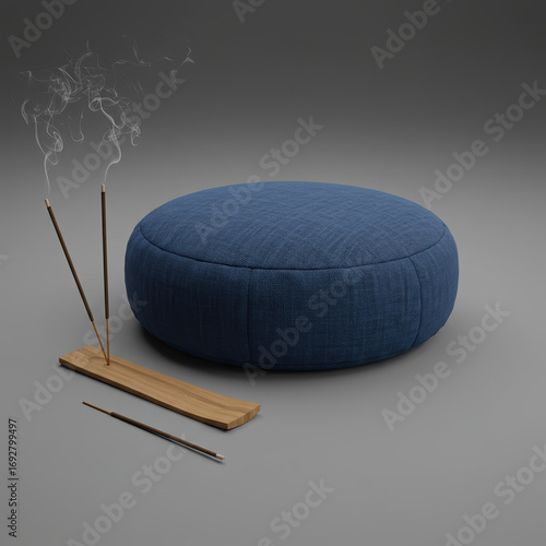 Incense sticks send up smoke next to blue meditation cushion, peaceful zen like scene. Spiritual and calm objects create an atmosphere of serenity and contemplation