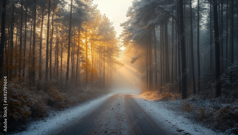 Naklejka premium Stunning Winter Sun Rays Shining Through Trees On A Misty Forest Road. Selective Focus Enhances The High Quality Of This Photo.