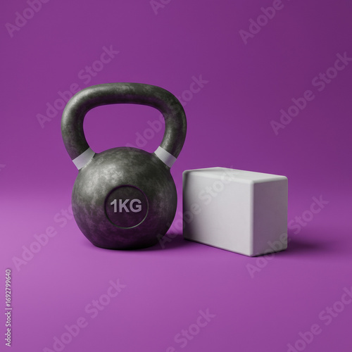 Kettlebell and yoga block sit poised on bold purple surface, radiating readiness for an invigorating workout, evoking feeling of strength and determination