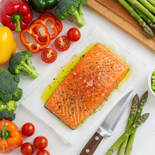 Raw salmon fillet with fresh vegetables is ready for cooking this vibrant ingredient makes you feel delight and anticipation for delicious meal