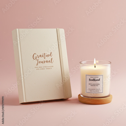 Calming candle and gratitude journal create serene ambiance and inspire reflection and positive emotion. soft light adds to tranquil mood