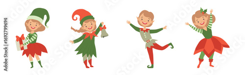Boy and Girl Elf and Santa Claus Helper Vector Set
