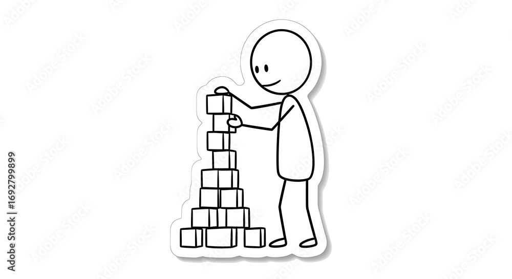 Fototapeta premium Focused Stick Figure Doodle Carefully Stacking Blocks to Build a Tower of Success.
