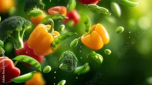 Vibrant green backdrop highlighting colorful bell peppers, broccoli florets, peas, and fresh basil leaves hovering composition culinary in dynamic