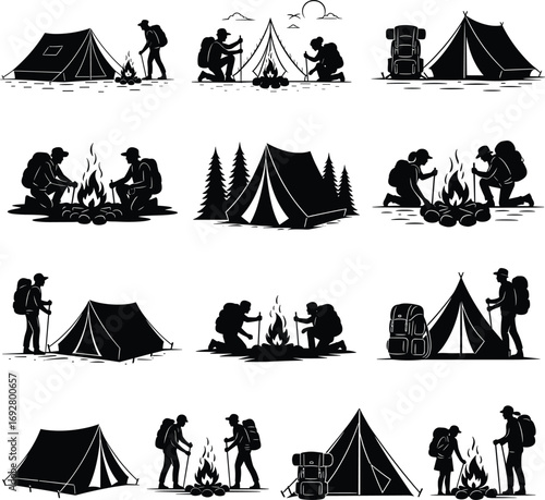 Silhouettes of campers setting tents, hiking, sitting around campfires, outdoor adventure, trekking, forest camping, backpacking, wilderness travel, mountain exploration.