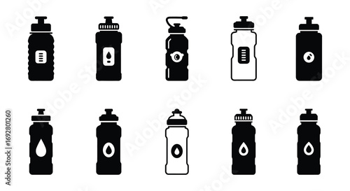 various sports bottles arranged neatly in rows