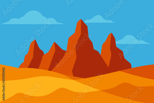 Stylized desert landscape with orange rock formations and rolling sand dunes under a blue sky