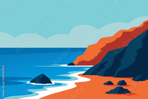 Stylized flat illustration of a coastal landscape with orange cliffs and blue ocean
