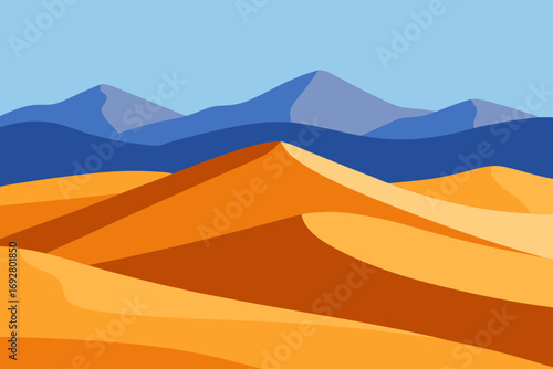 Stylized desert landscape with rolling orange dunes and distant blue mountains under a clear sky