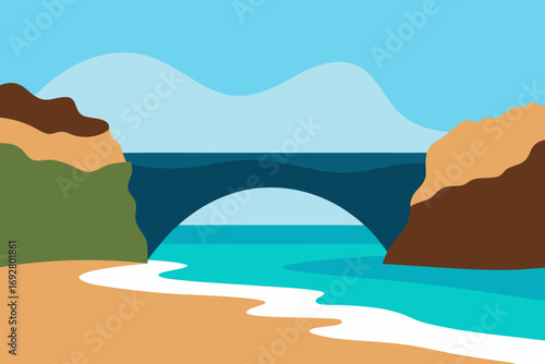 Stylized flat illustration of a coastal landscape with a bridge over the ocean