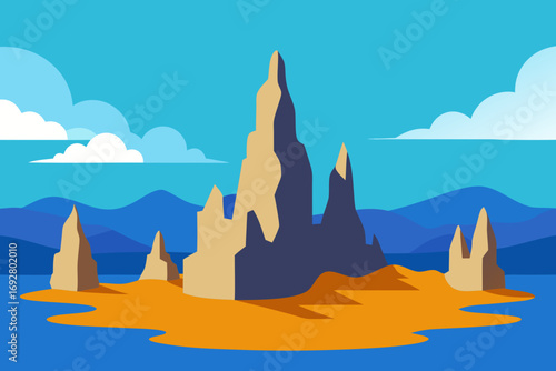 Stylized desert rock formations rise from a sandy island in the ocean