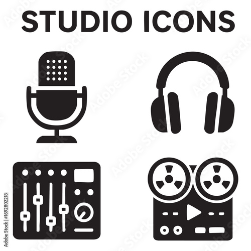 a set of 4 black and white icons related to studio activities
