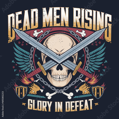 Vector Bold skull illustrations with crossed swords, wings, shields, and flaming elements. Gothic and warrior-inspired vector art featuring chains, bones, and dramatic . Perfect for t-shirt prints,