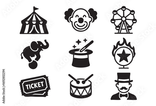 Set of black vector flat circus icons