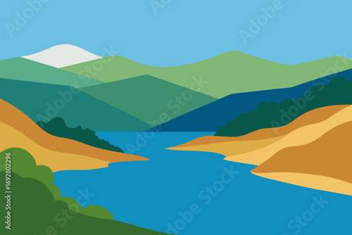 Serene landscape with rolling hills a calm lake and distant mountains