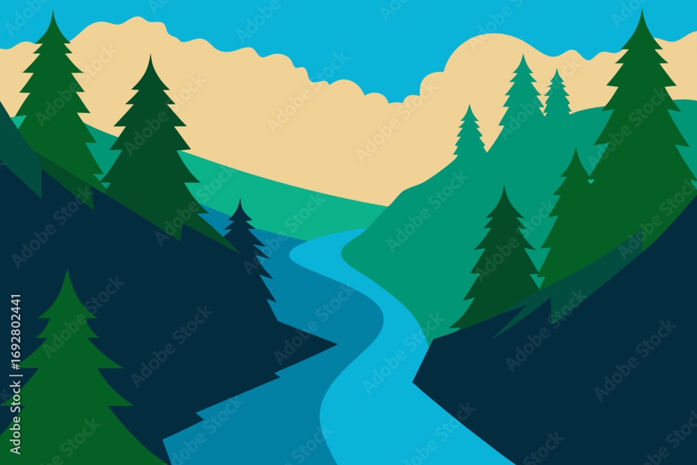 Fototapeta premium Stylized landscape with a winding river flowing through evergreen trees and hills