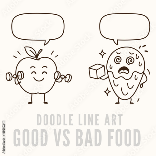  Funny Good vs Bad Food Doodle Vector Apple Workout vs Ice Cream Cartoon with Speech Bubbles