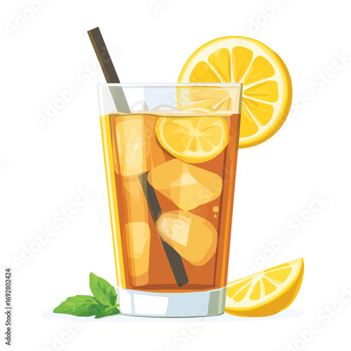 2D flat vector illustration of a Lemon Iced Tea in icon style, isolated on white background