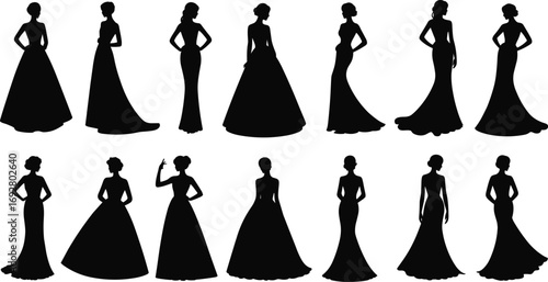 Elegant Female Silhouettes in Long Dresses Vector Set Fashion Woman Pose Black Gown Clipart Bridal Outfit Illustration Design Collection