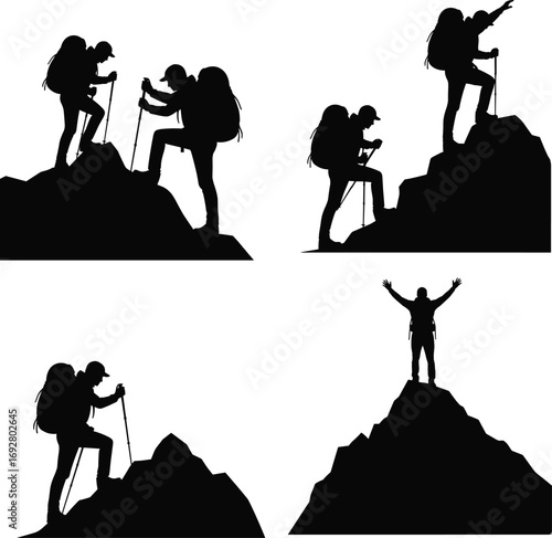 Silhouettes of hikers climbing mountain, trekking with backpacks, walking sticks, adventure, achievement, outdoor exploration, nature, mountain summit, hiking activity, travel, teamwork.