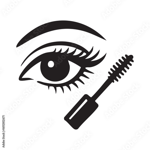 An icon associated with cosmetics, specifically with applying mascara to eyelashes. A black drawing of a woman's eye with defined eyelashes and eyebrows, and a mascara applicator.