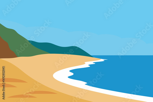 Stylized illustration of a sandy beach meeting the blue ocean with rolling hills
