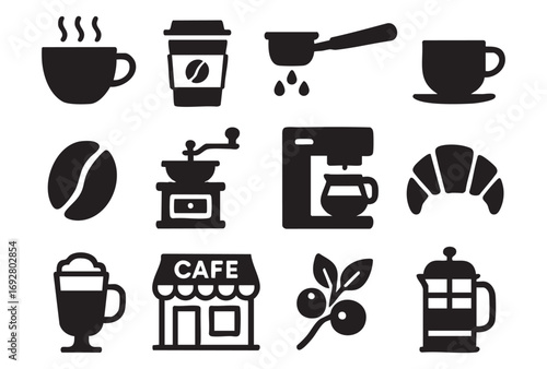 A set of stylized black-and-white icons related to coffee and coffee shops.
