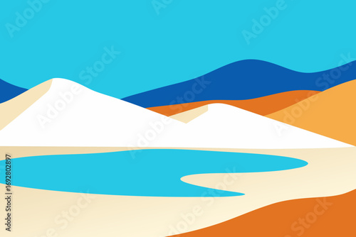 Abstract minimalist desert landscape with mountains and a water oasis