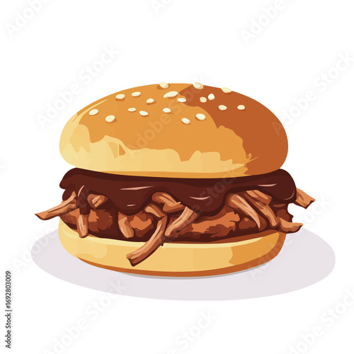 Pulled Pork Sandwich, flat style 2D vector image, isolated on a white background