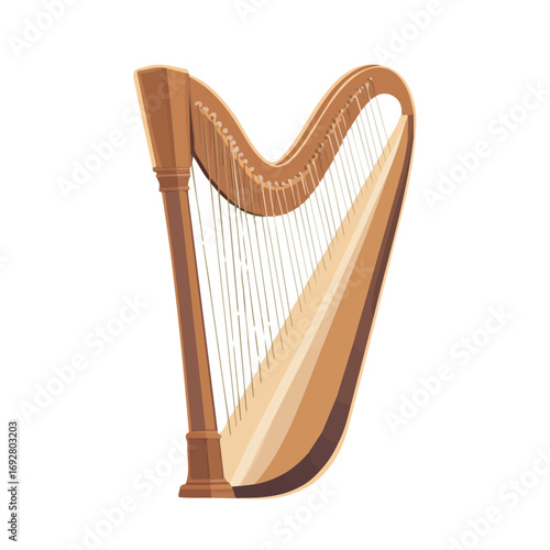 Minimal flat vector of a Stringed Harp, 2D icon-style illustration on white background