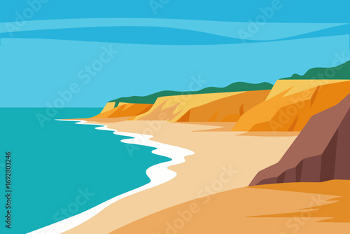 Stylized illustration of a sandy beach with turquoise ocean waves and colorful cliffs