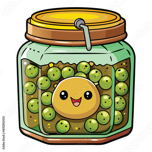 Cute cartoon jar filled with peas and a happy face