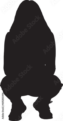 vector,front view of a silhouette of a woman sitting on her haunches looking at camera