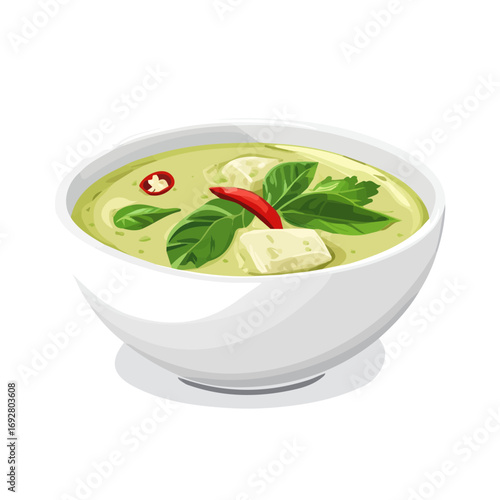 Thai Green Curry, flat style 2D vector image, isolated on a white background