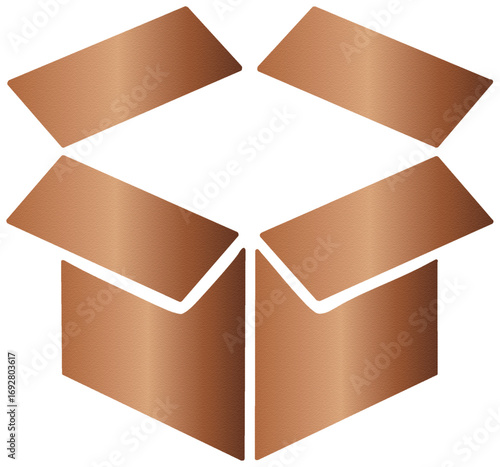 Stylized bronze metallic open box icon with a brushed texture finish. Perfect for luxury packaging, premium branding, logistics, unboxing themes, or app UI design.