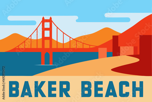 Stylized illustration of golden gate bridge and baker beach in san francisco