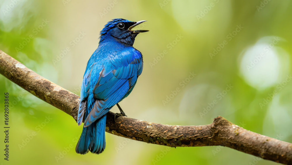 Obraz premium Indigo Flycatcher Singing on a Branch A Vibrant Display of Nature's Beauty and Avian Melody in the Heart of the Tropical Rainforests of Southeast Asia