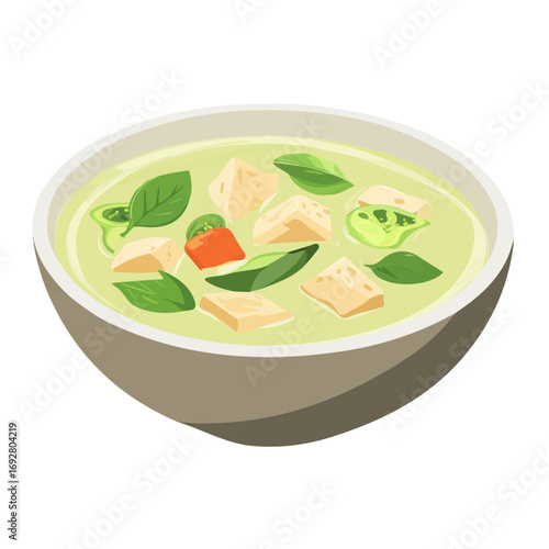 Flat 2D Thai Green Curry illustration, vector graphic in icon style, on white background