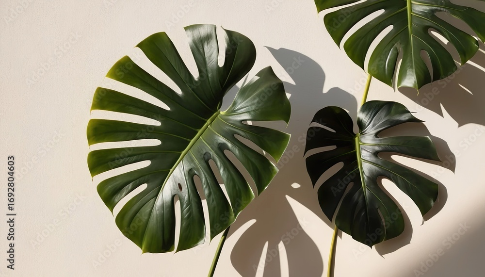 Fototapeta premium Monstera Leaf with Shadow on Plaster Wall