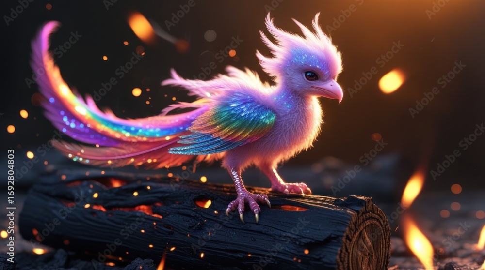 Fototapeta premium Magical phoenix bird with colorful plumage perched on a burning log