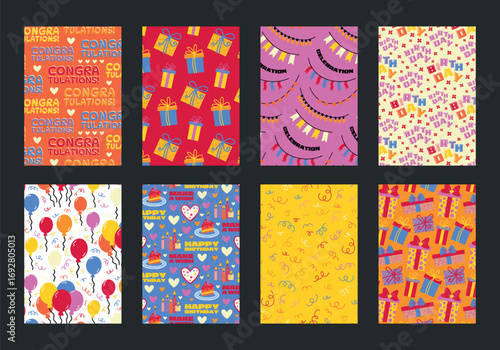 Wallpaper Mural Bright set of retro cartoon birthday seamless patterns. Party decor, cakes, candles, balloons, confetti. Parties, gifts, greetings, happy holiday card. Party decoration, making party paper, packaging. Torontodigital.ca