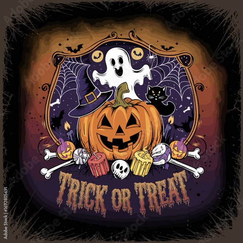 2d vector illustration Halloween t shirt icon design items ghost character Candles in carved pumpkin
