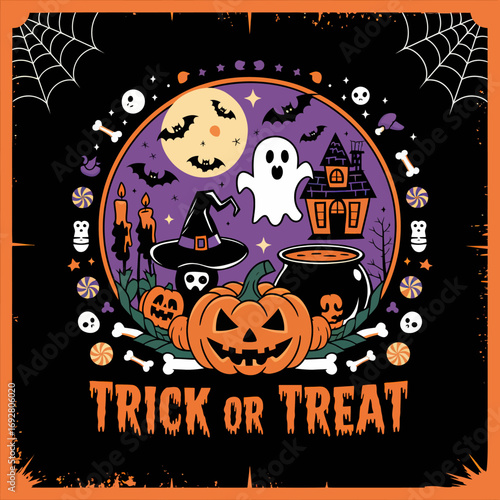2d vector illustration Halloween t shirt icon design items ghost character Candles in carved pumpkin

