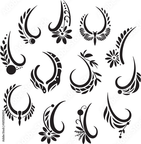 set, of, decorative, floral, henna, tattoo, and, ear, cuff, designs, with, natural, leaf, and, swirl, motifs, for, body, art, vector