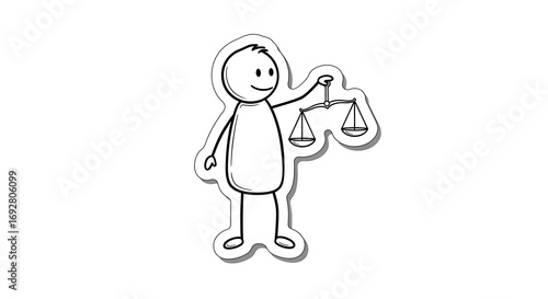 Simple Stick Figure Character Holding Balanced Scales of Justice Symbolizing Fairness and Equality.