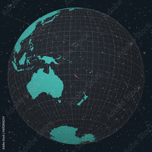 New Caledonia on Globe. Vintage look with grunge scratched texture. Country view on world map in Dark Charcoal Turquoise color palette. New Caledonia shape on map. Globe with meridians and parallels.